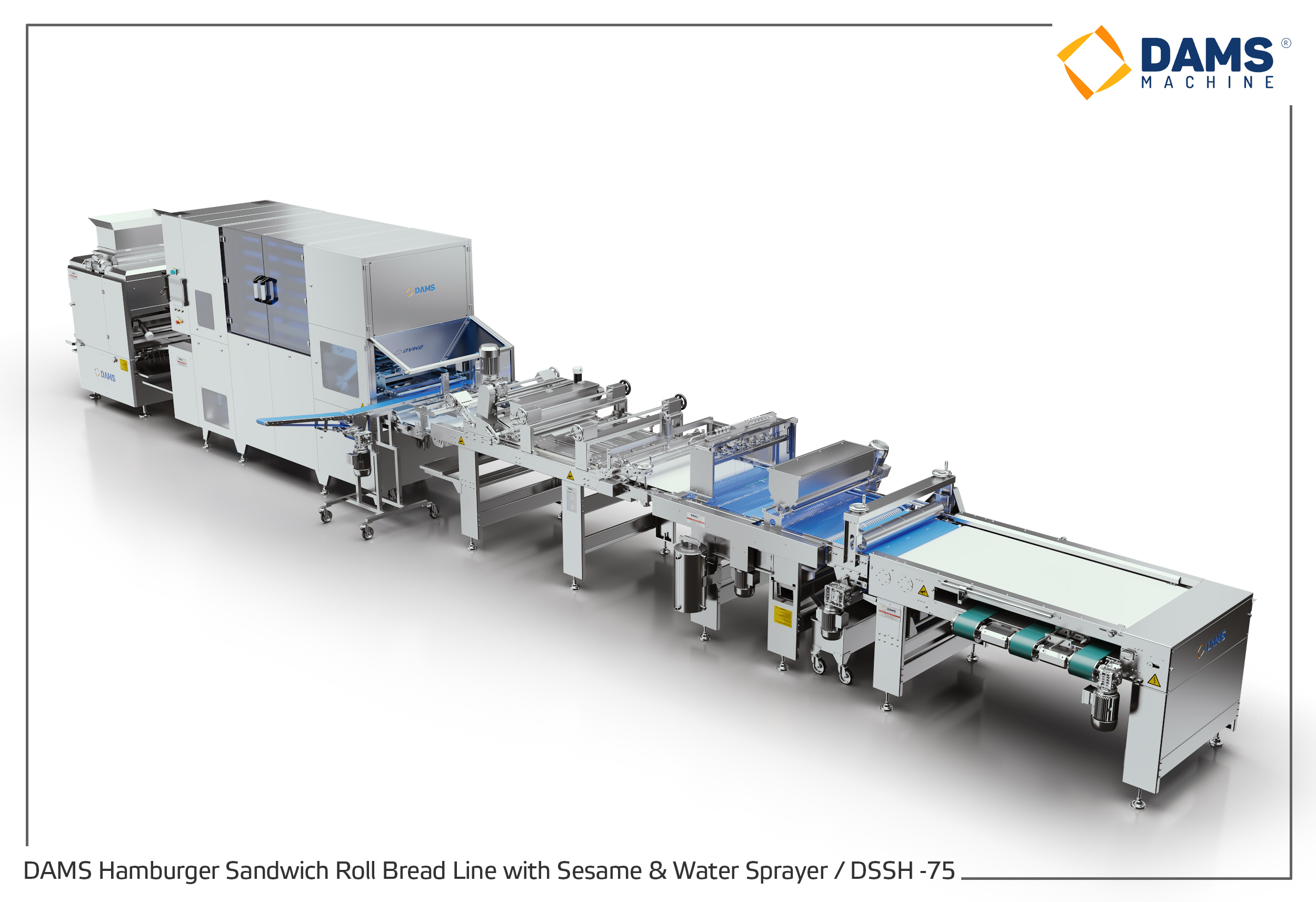 Línea de producción de pan rollo para hamburguesas y sándwiches con sistema de riego y cubierto de sésamo DSSH -75 de DAMS